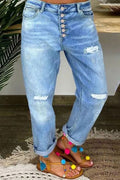 Damen Boyfriend Jeans mit Knopfleiste und distressed Effekten R&B
