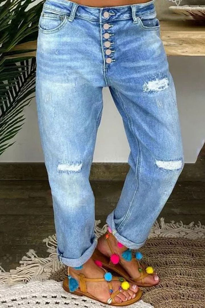 Damen Boyfriend Jeans mit Knopfleiste und distressed Effekten R&B