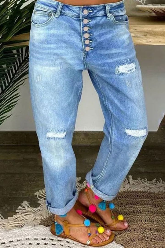 Damen Boyfriend Jeans mit Knopfleiste und distressed Effekten R&B