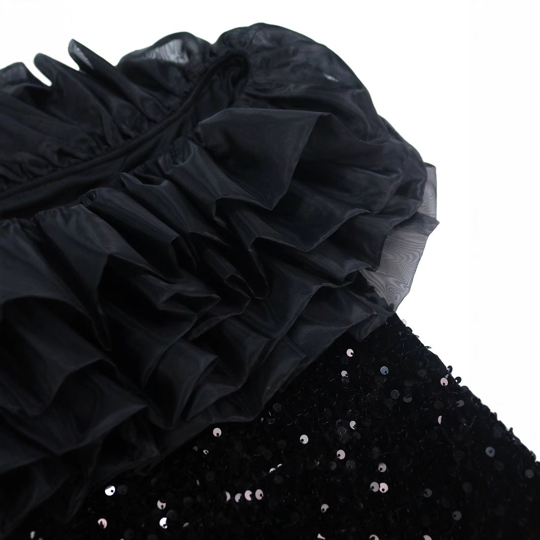 Damen Elegantes Abendkleid mit voluminösen Rüschen und funkelnden Pailletten R&B