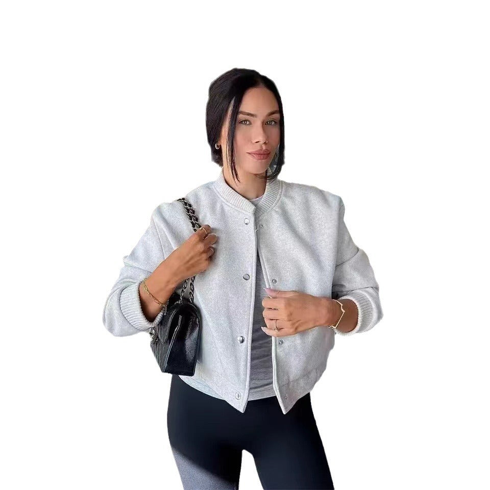 Damen Cropped Jacke mit modernem Stehkragen und Druckknopfverschluss R&B