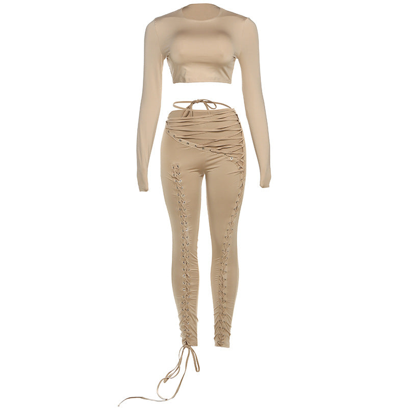 Damen Crop-Top und Hoch geschnittene Leggings mit Schnürdetails R&B