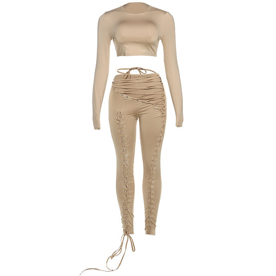 Damen Crop-Top und Hoch geschnittene Leggings mit Schnürdetails R&B