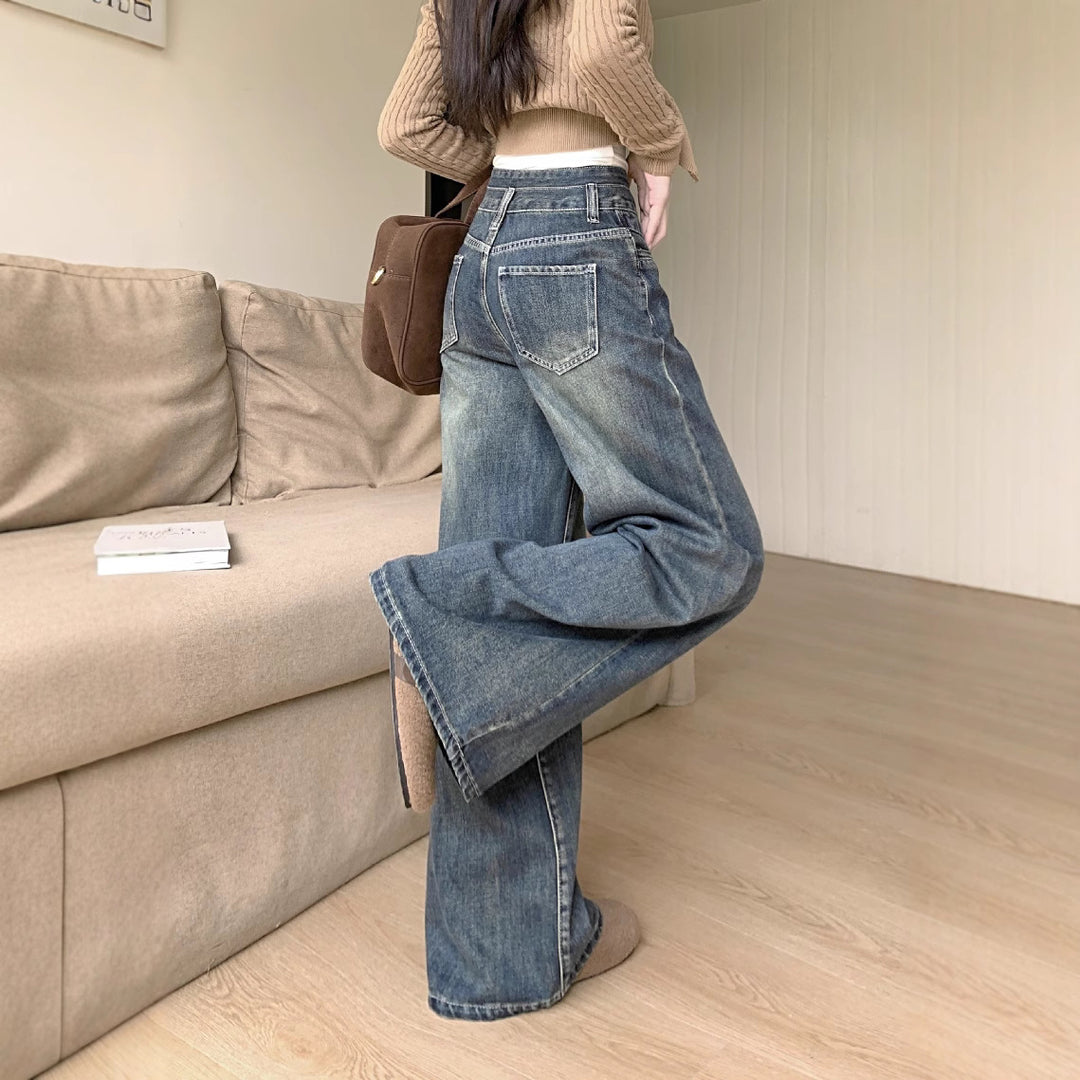 Damen Bequeme High-Waist Weitjeans mit Knopfdetail und modernen Taschen R&B