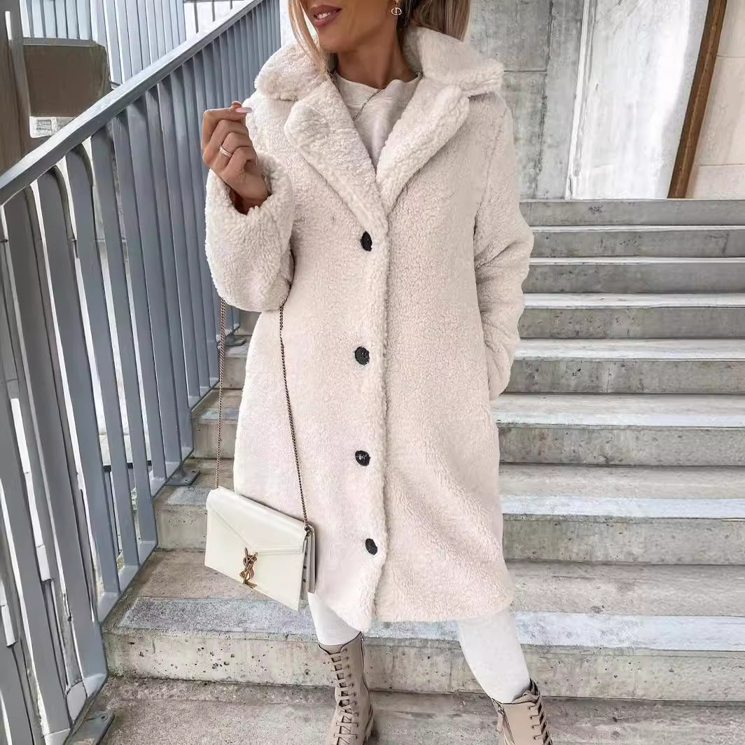Damen nan langer kuscheliger Teddy-Mantel mit Knopfverschluss und Kapuze R&B