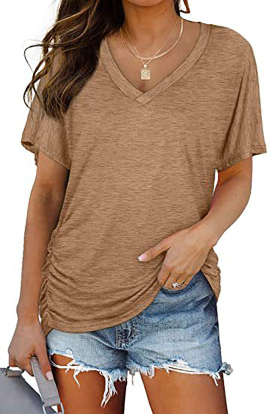 Damen V-Ausschnitt T-Shirt mit dekorativem Raffungseffekt R&B