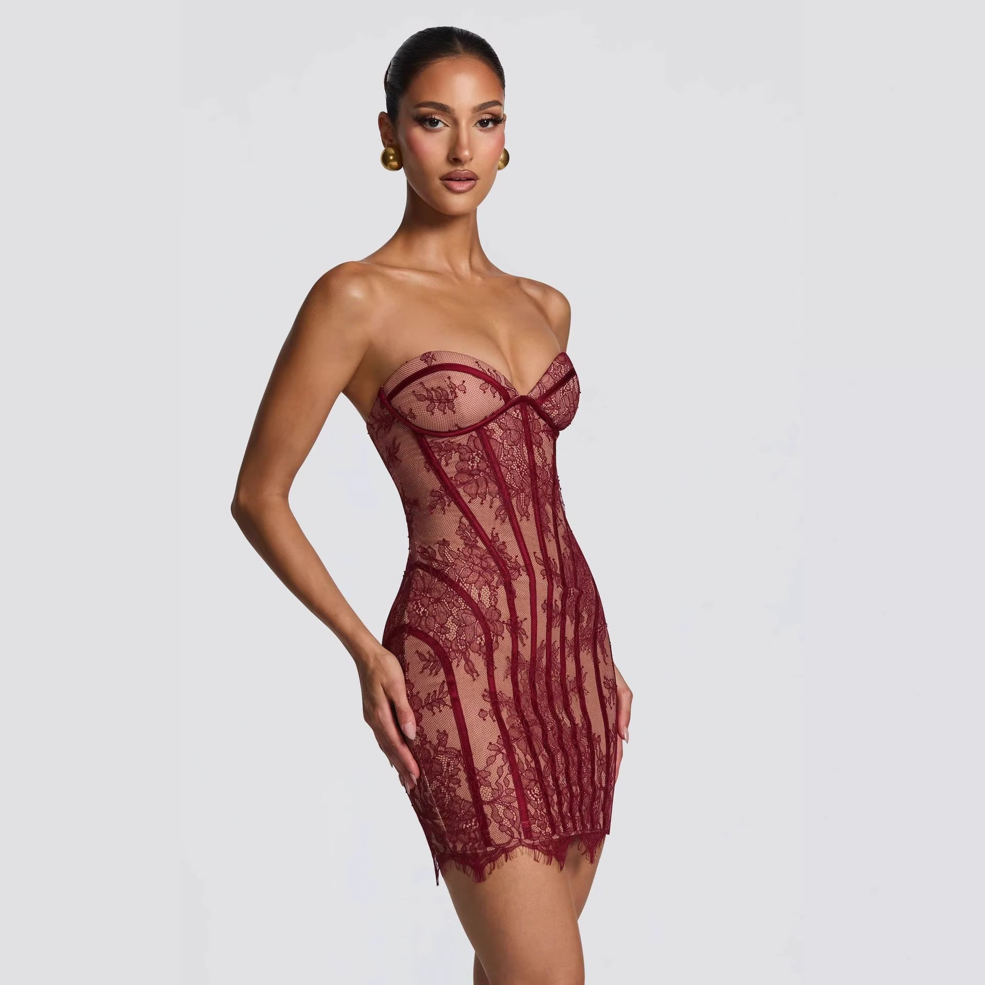 Damen Elegantes Korsettkleid mit Spitzenverzierung und transparenter Optik R&B