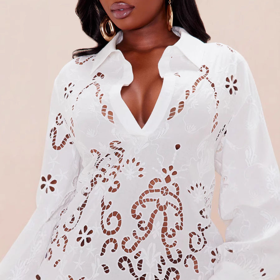 Damen Elegantes Hemdblusenkleid mit raffinierter Lochstickerei und langem Ärmel R&B