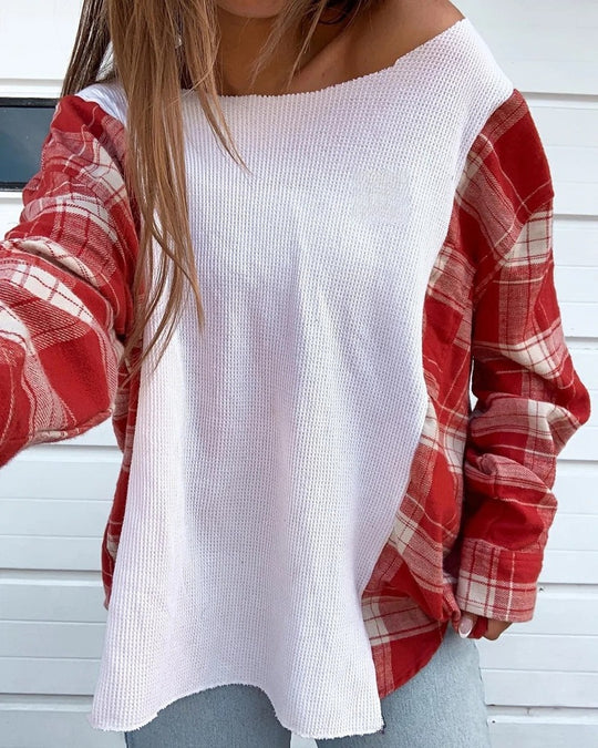Damen nan Oversize Langarmshirt im Materialmix mit strukturierter Waffelstrick-Front und karierter Ärmelpartie R&B