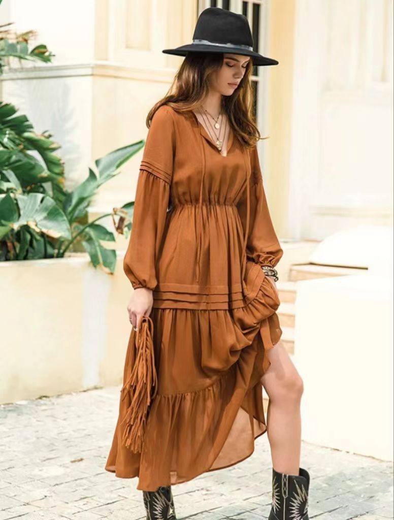 Damen Boho Maxikleid mit raffinierten Details und V-Ausschnitt R&B