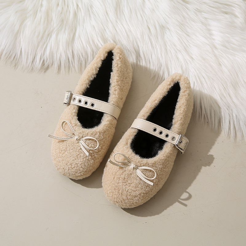 Damen Ballerinas aus kuscheligem Stoff mit verstellbarem Riemen und Schleifen-Applikation R&B