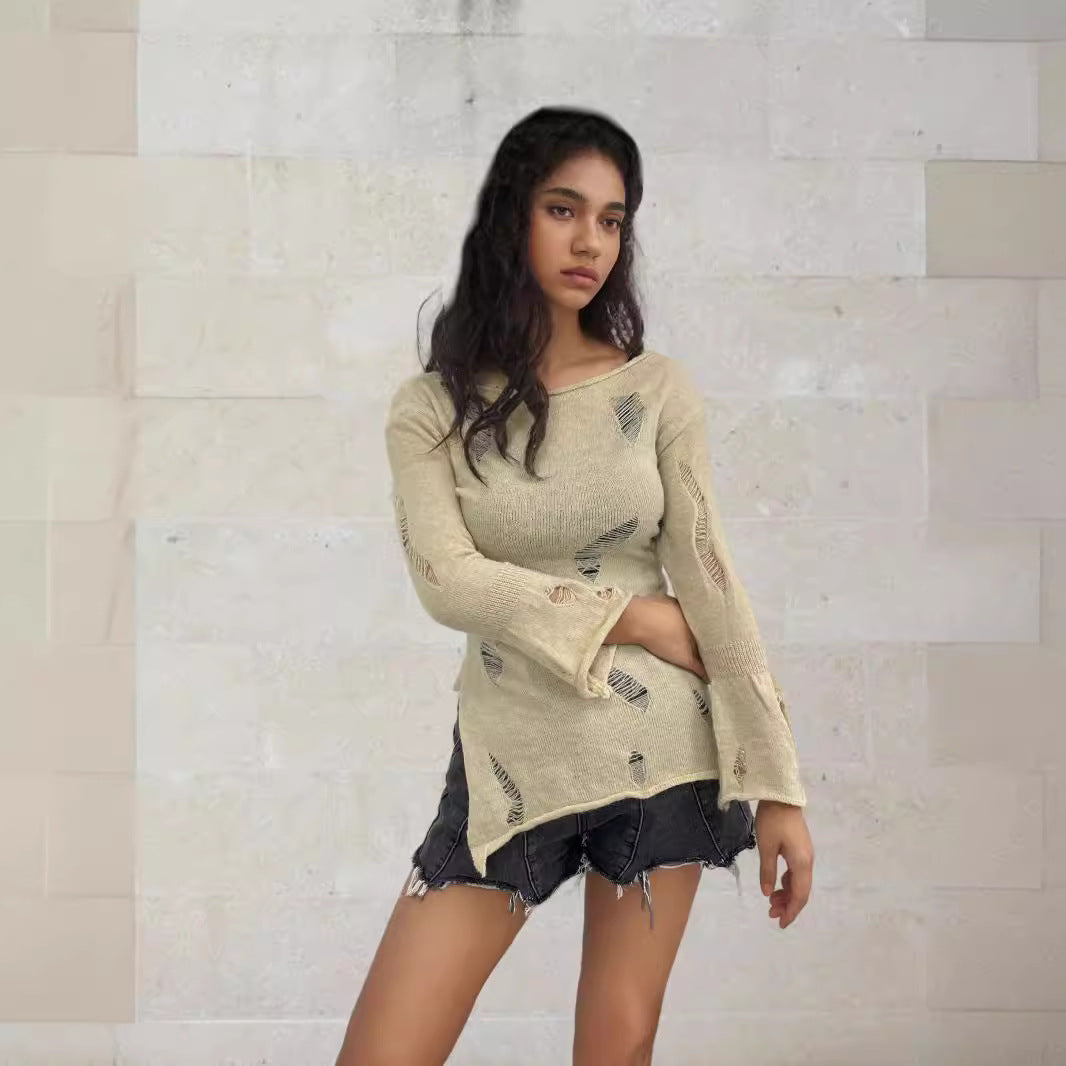 Damen modisches Oberteil mit strukturierten Cut-Outs und Ärmeln im Boller-Look R&B