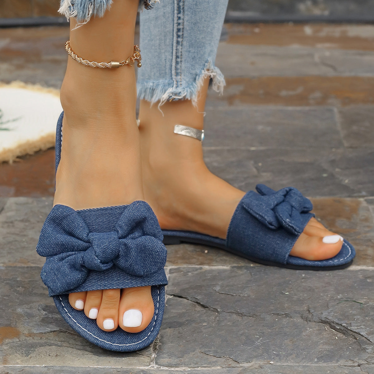 Damen Denim-Pantolette mit dekorativer Schleife R&B