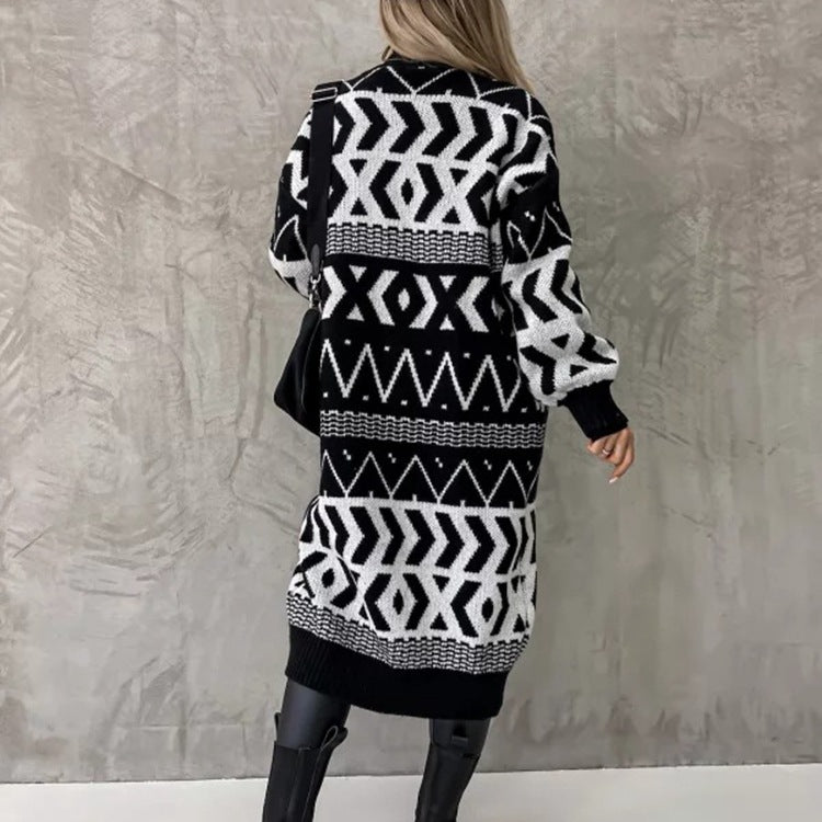 Damen Grobstrick-Cardigan mit grafischem Muster und offenem Schnitt R&B