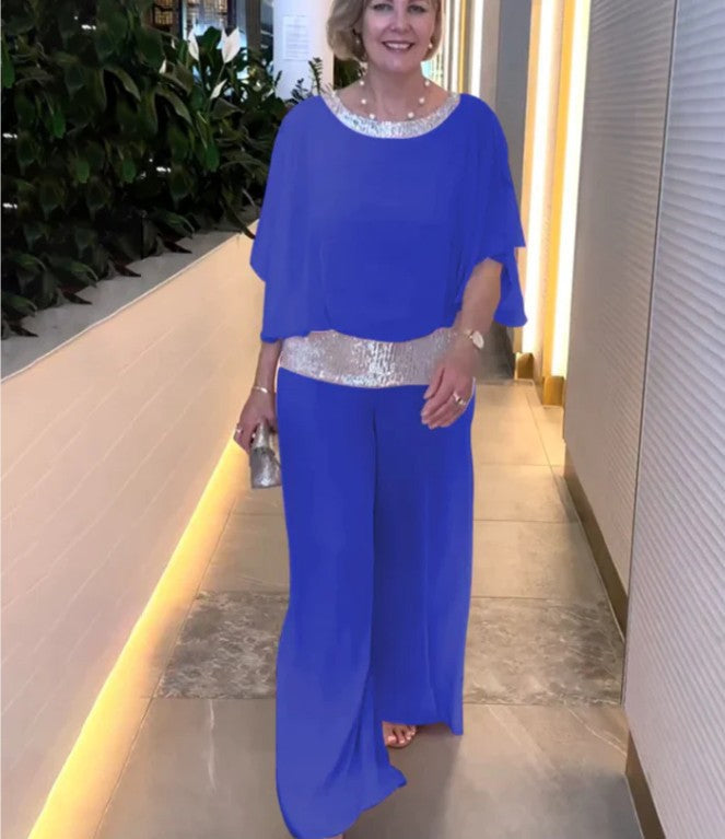 Damen Eleganter Jumpsuit mit schimmerndem Oberteil und weitem Bein R&B