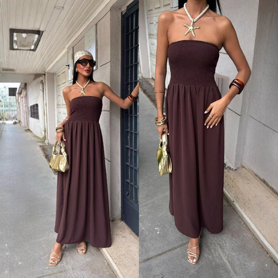 Damen elegantes Maxikleid mit schulterfreiem Design und elastischem Tailleneinsatz R&B
