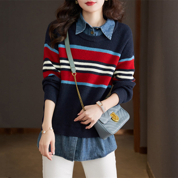 Damen gestreifter Strickpullover mit lässigem Schnitt und angenehmem Tragegefühl R&B