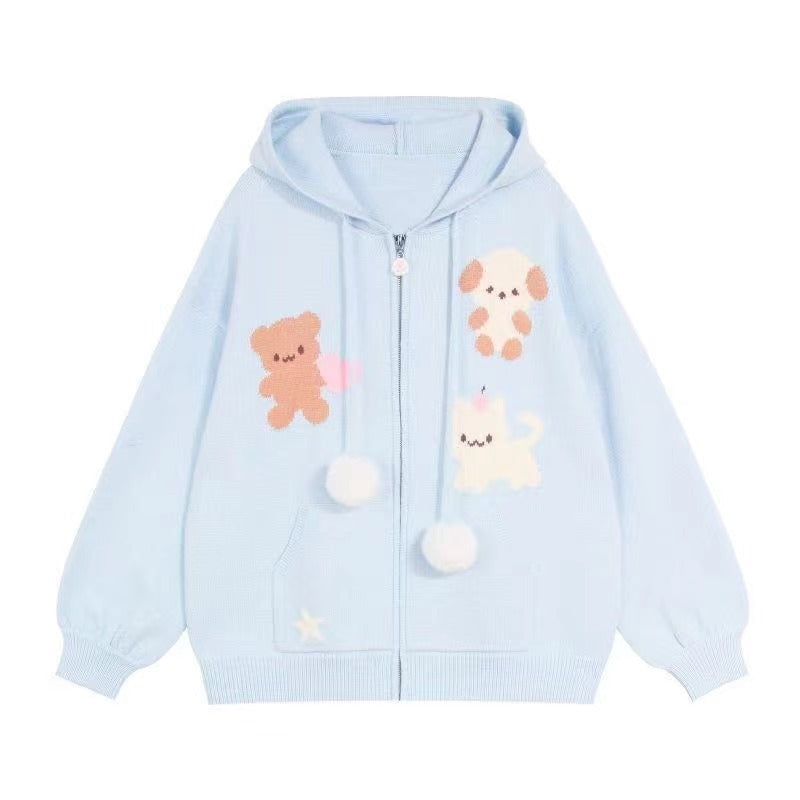 Damen Kapuzenjacke mit verspielten Tiermotiven und Pompoms R&B