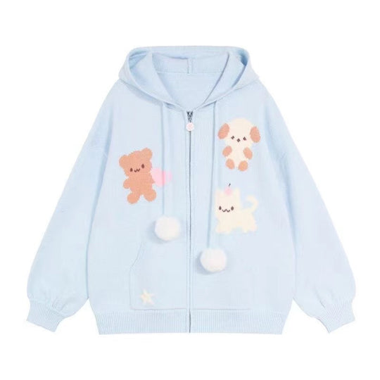 Damen Kapuzenjacke mit verspielten Tiermotiven und Pompoms R&B