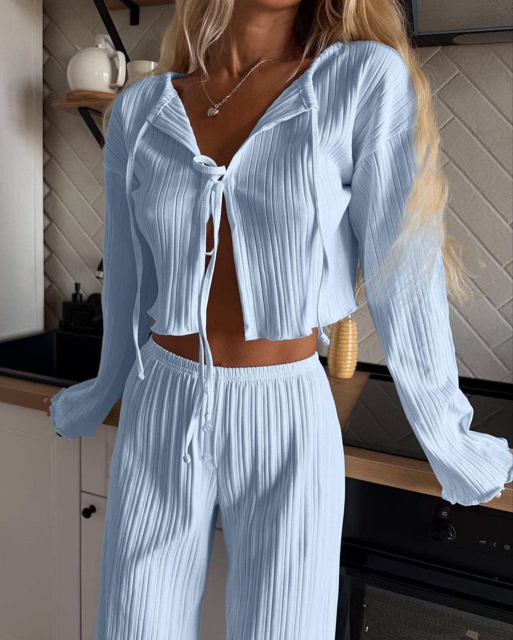 Damen lässiges Strickset mit verstellbarem Kordelzug R&B