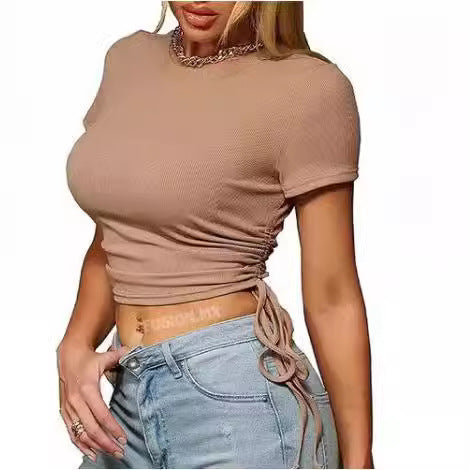 Damen trendiges Cropped T-Shirt mit Raffung und Bändchen R&B