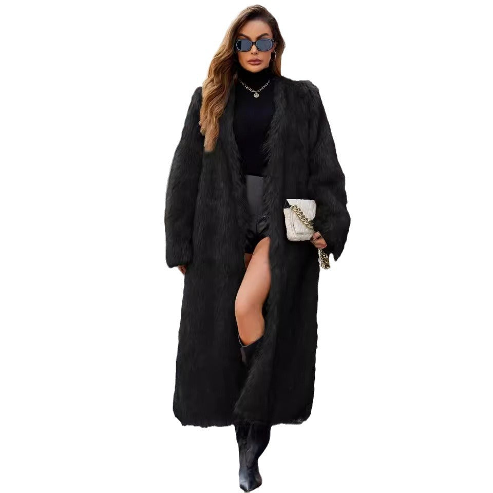 Damen Lange Kunstpelzjacke mit lässiger Passform und tiefem Kragen R&B