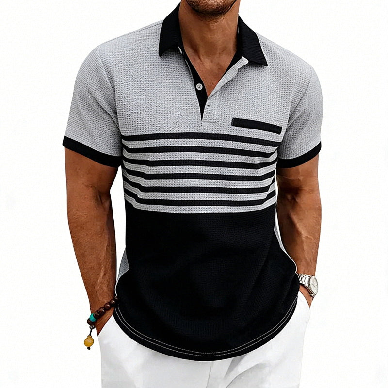 Herren nan Jacquard-Polo mit Blockstreifen, Brustblende und Baumwollmix R&B
