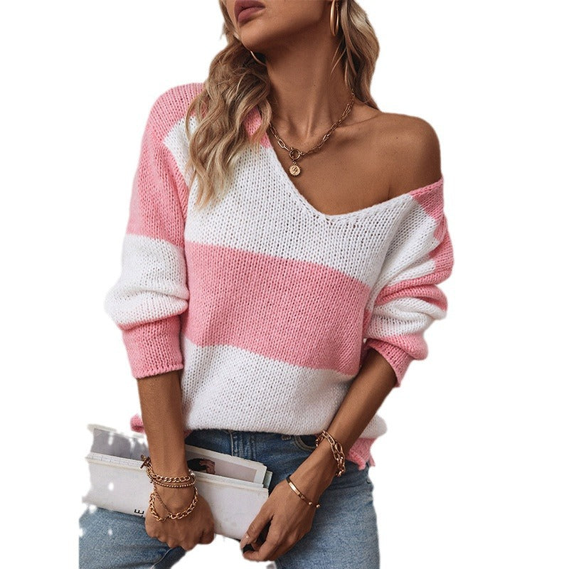 Damen lässiger V-Ausschnitt Strickpullover mit großzügigem Streifenmuster R&B