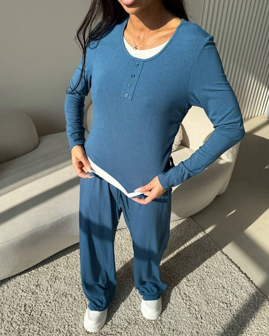Damen lässiges Freizeit-Set mit Knopfdetails und elastischem Bund R&B