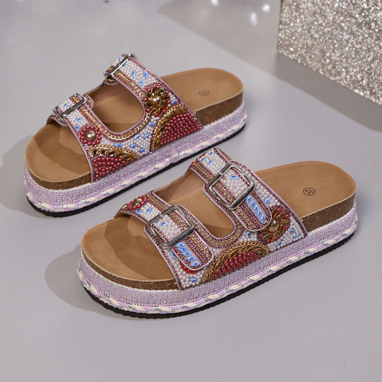 Damen Bequeme und modische Platform-Sandalen mit verstellbaren Riemen und bunten Applikationen R&B