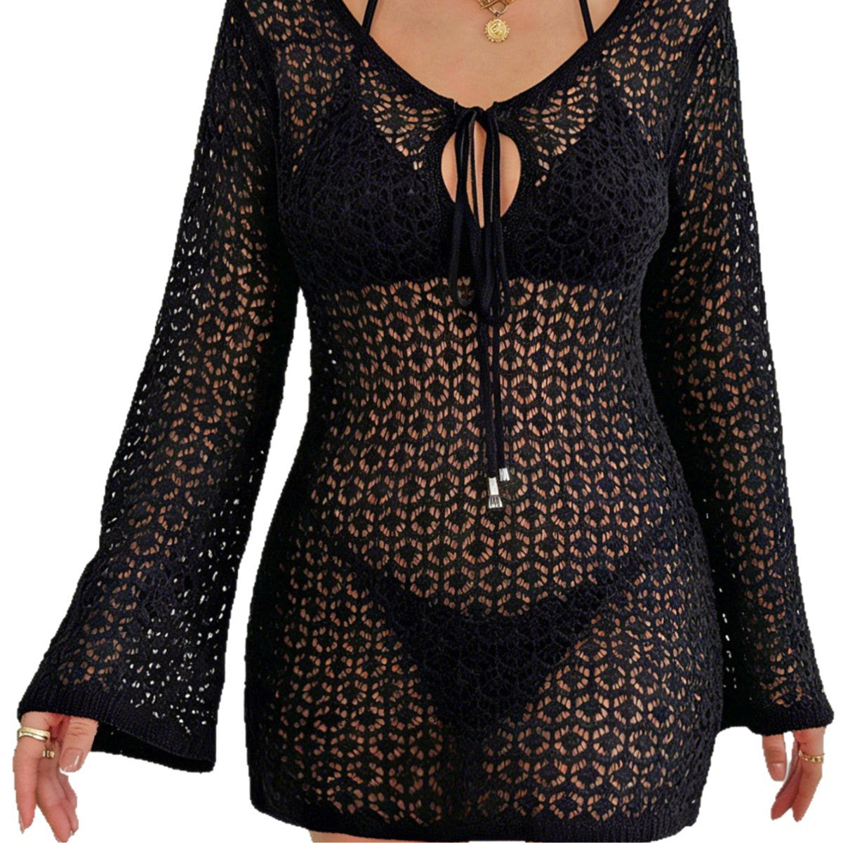Damen Häkel-Strandkleid mit tiefem V-Ausschnitt und breiten Ärmeln R&B