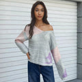 Damen kreativer Strickpullover mit asymmetrischem Ausschnitt und buntem Design