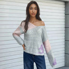 Damen kreativer Strickpullover mit asymmetrischem Ausschnitt und buntem Design