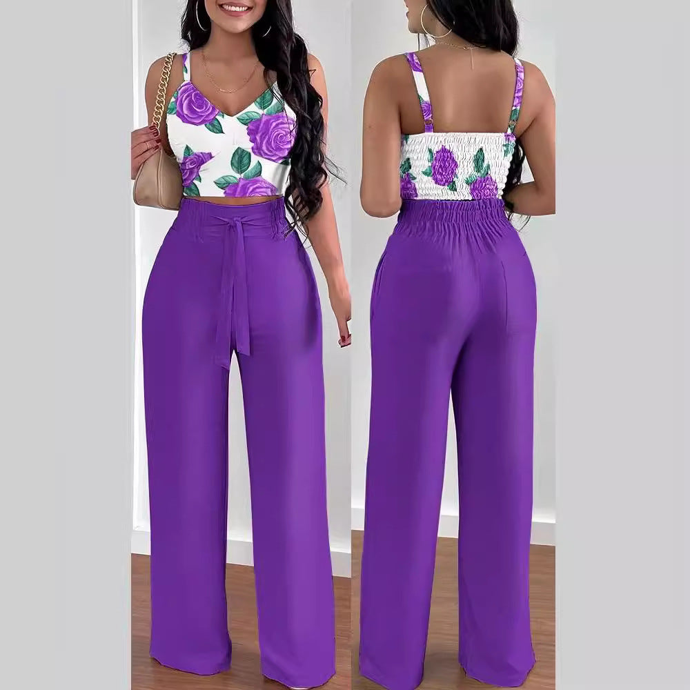 Damen Zweiteiliges Set aus floralem Oberteil und weiten Hosen R&B