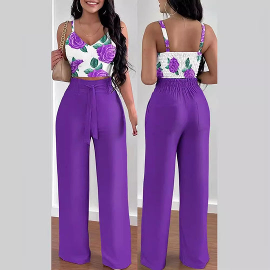 Damen Zweiteiliges Set aus floralem Oberteil und weiten Hosen R&B