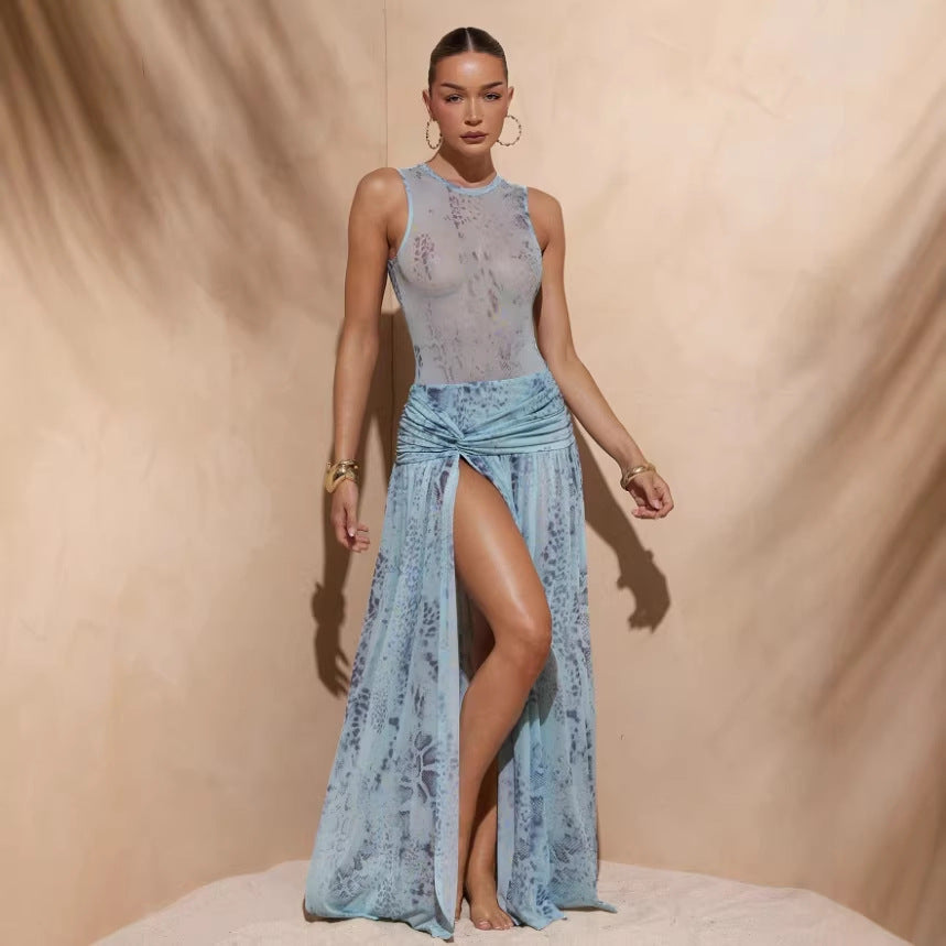 Damen Maxikleid mit raffinierten Drapierungen und hohem Schlitz R&B
