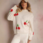 Damen Strickpullover mit fruchtigem Kirschmotiv und lässigem Schnitt R&B