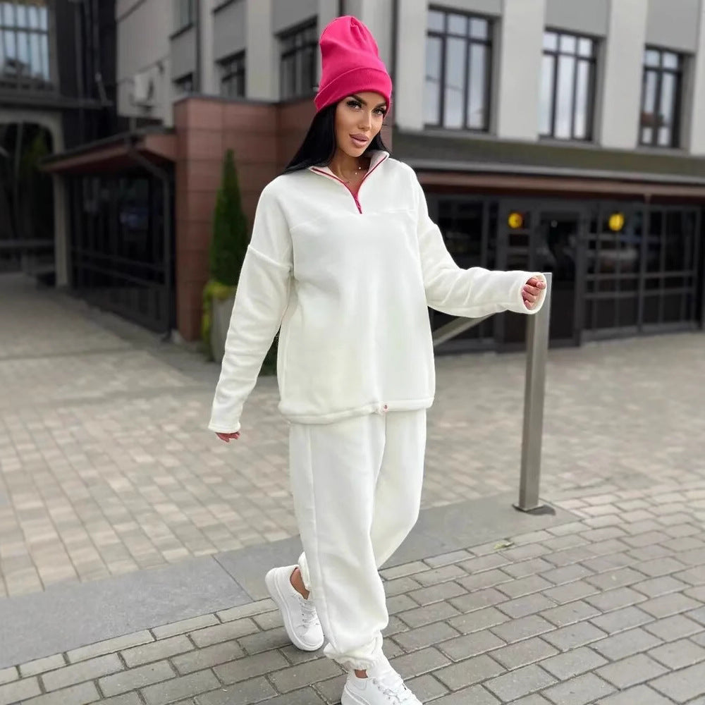 Damen Kuscheliges Fleece-Loungewear-Set mit Halb-Reißverschluss und elastischem Bund R&B