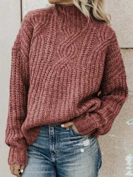 Damen Grobstrickpullover mit hohem Kragen und Zopfdesign R&B
