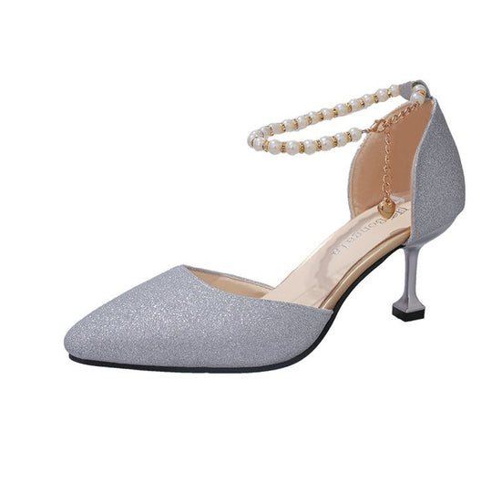 Damen elegante High Heel Schuhe mit zierlichem Perlenriemen R&B