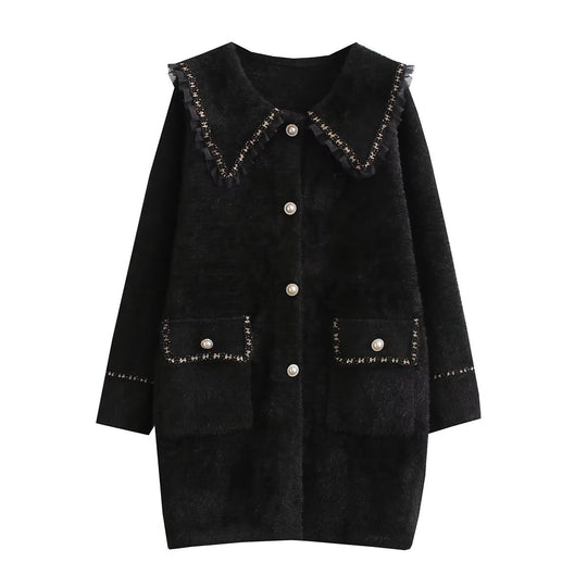 Damen Langarmjacke mit dekorativem Kragen und funktionalen Taschen R&B