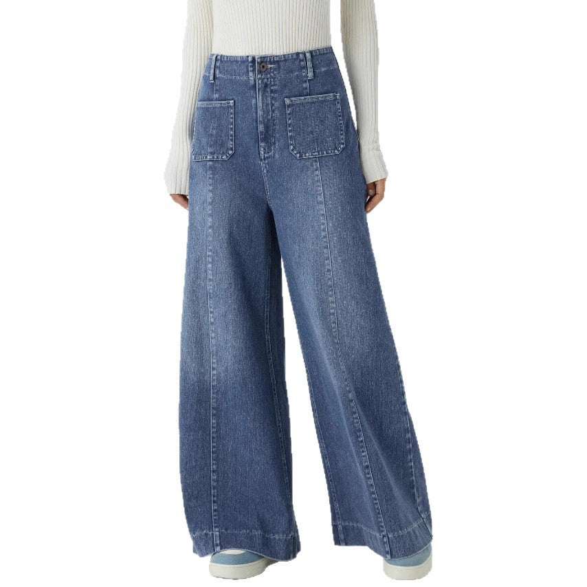 Damen Weitgeschnittene Denim-Hose mit hohen Bund und großen Taschen R&B