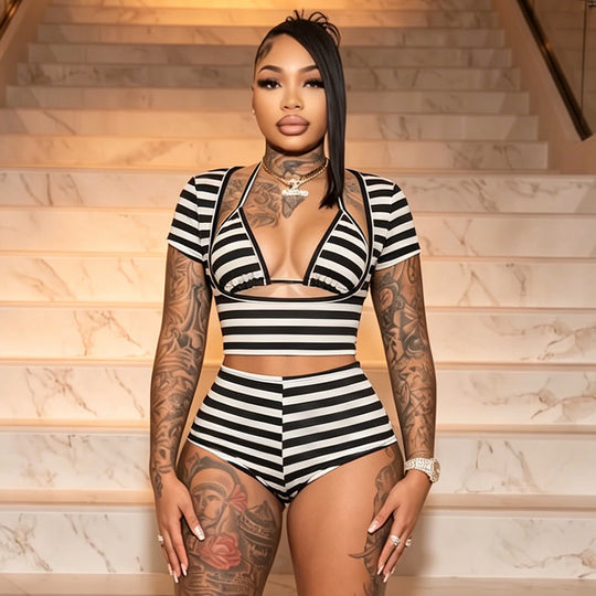 Damen Sportliches Zweiteiliges Set mit Hoch geschnittenem Oberteil und Shorts R&B