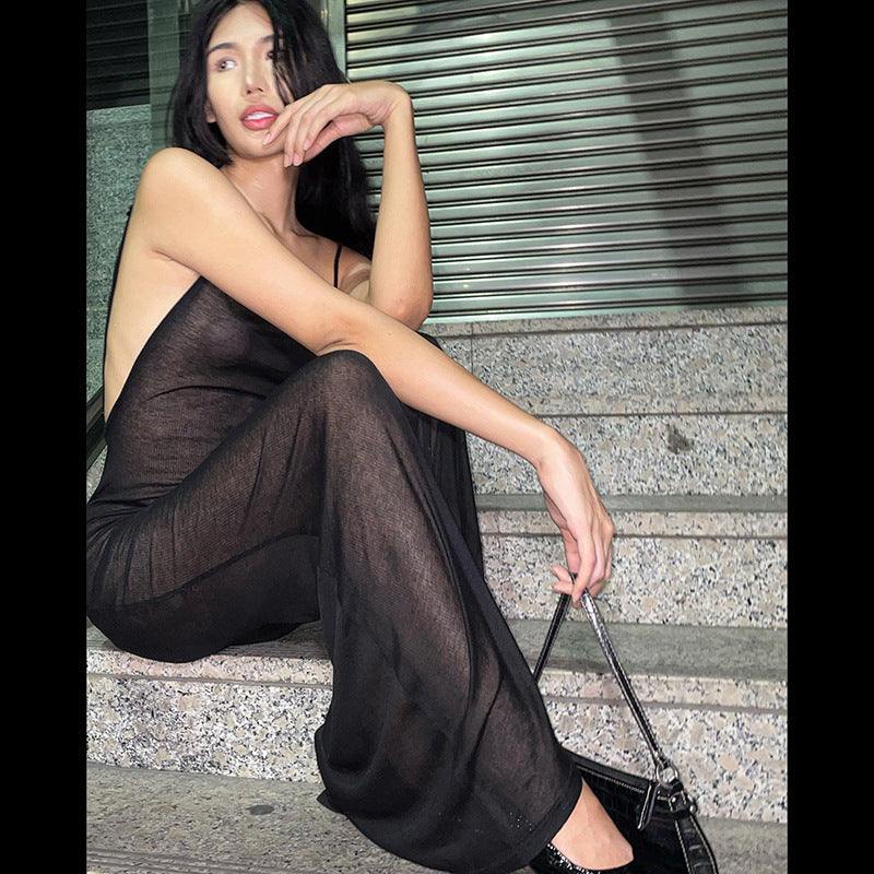 Damen Transparente Mesh-Kleid mit Spaghettiträgern R&B
