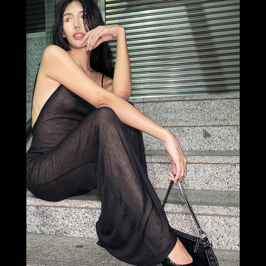 Damen Transparente Mesh-Kleid mit Spaghettiträgern R&B