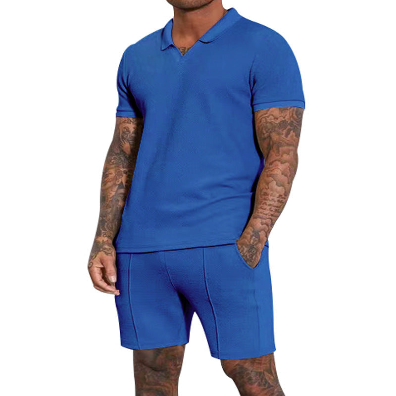 Herren nan kurzärmeliges Halbkragen-Strickset mit feiner Waffelstruktur und gerade geschnittenen Shorts R&B