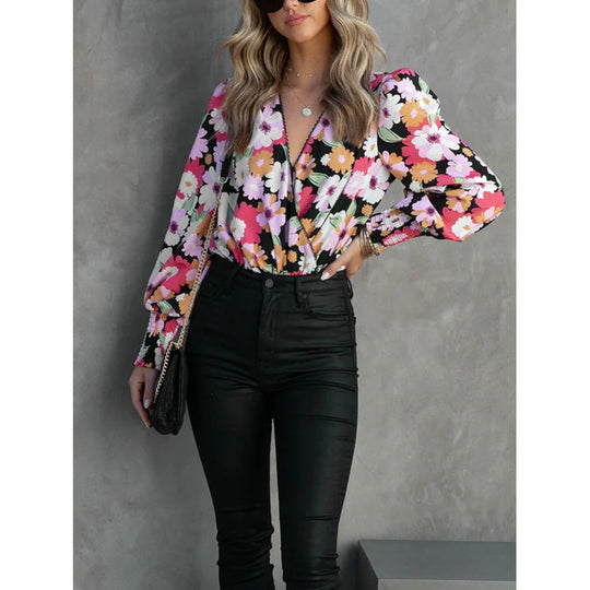Damen Blumenbluse mit voluminösen Ärmeln R&B
