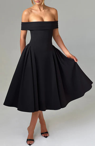 Damen Elegantes Off-Shoulder Midikleid mit ausladenden Falten und Taschen R&B