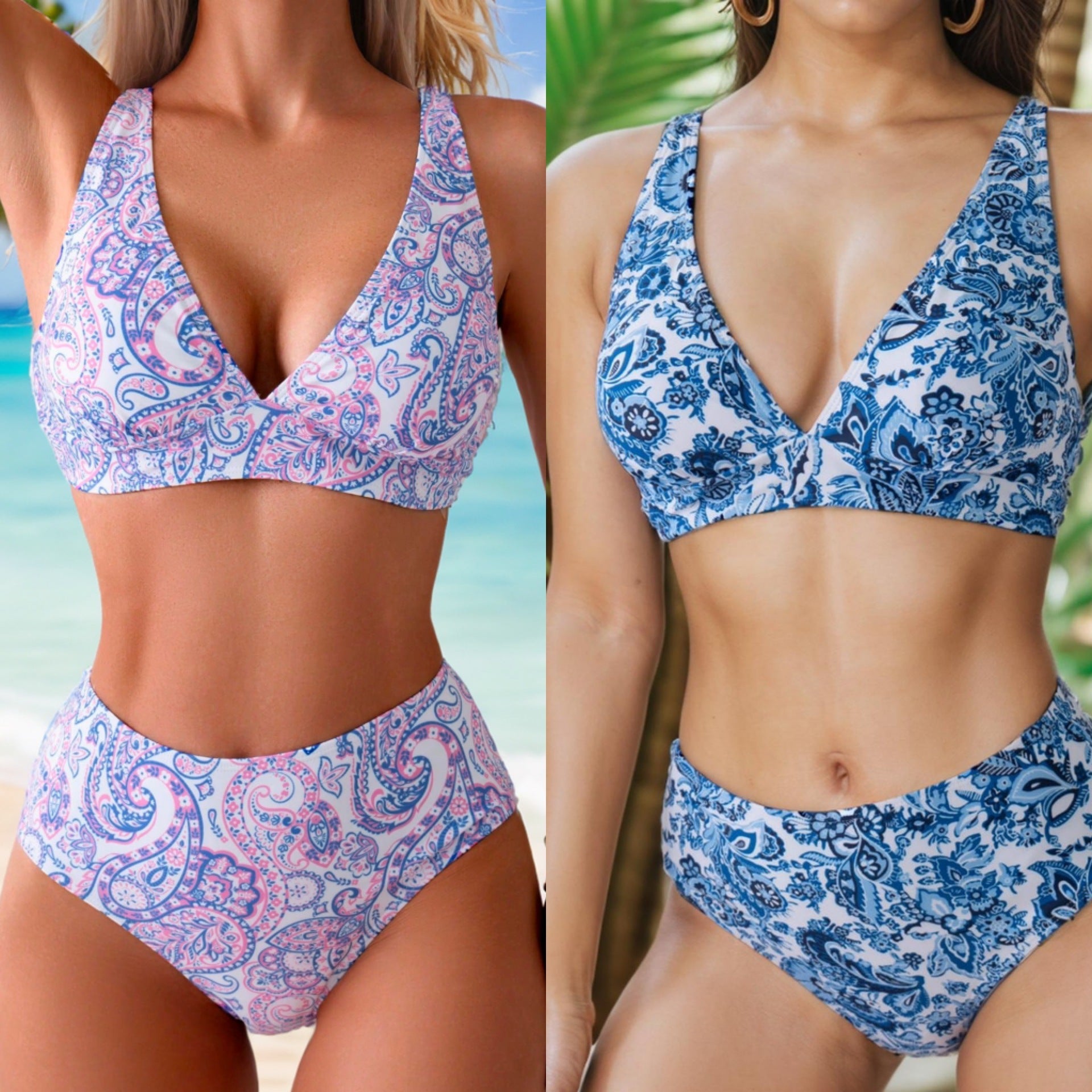 Damen Hochtailliertes Bikini-Set mit modischem Paisleymuster R&B