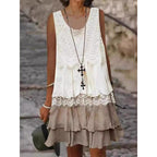 Damen lässiges Strandkleid mit Spitzenverzierung und voluminösem Rüschensaum R&B